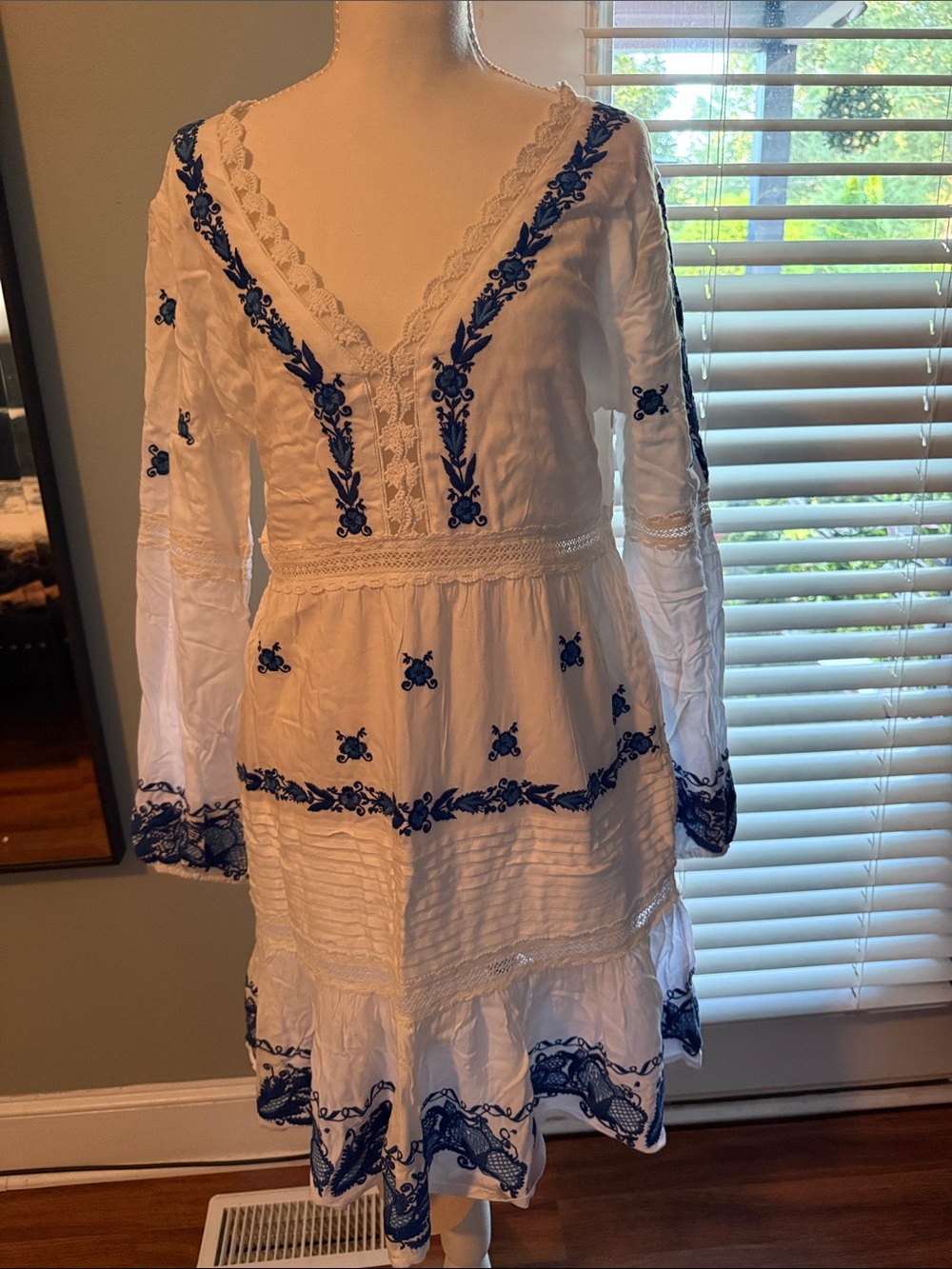 Boston Proper White Dress with Navy Blue Embroidered Accents